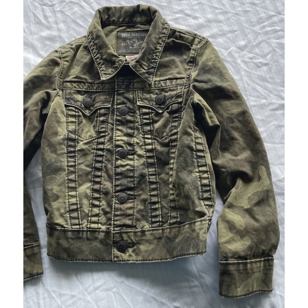Vintage True Religion Boys Sz Small Jacket Camo Green Activewear Made in USA
